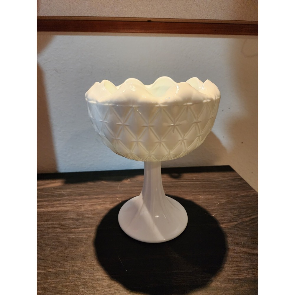Milk Glass Compote Quilted Diamonds Pattern Indiana Glass Candy Dish Vase